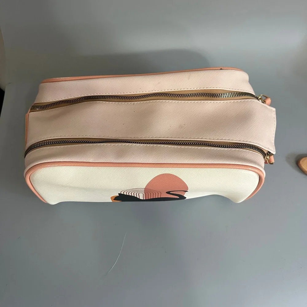 Boho Black Cat Cosmetic Bag Travel Makeup Case Pink Cream Faux Leather Organizer